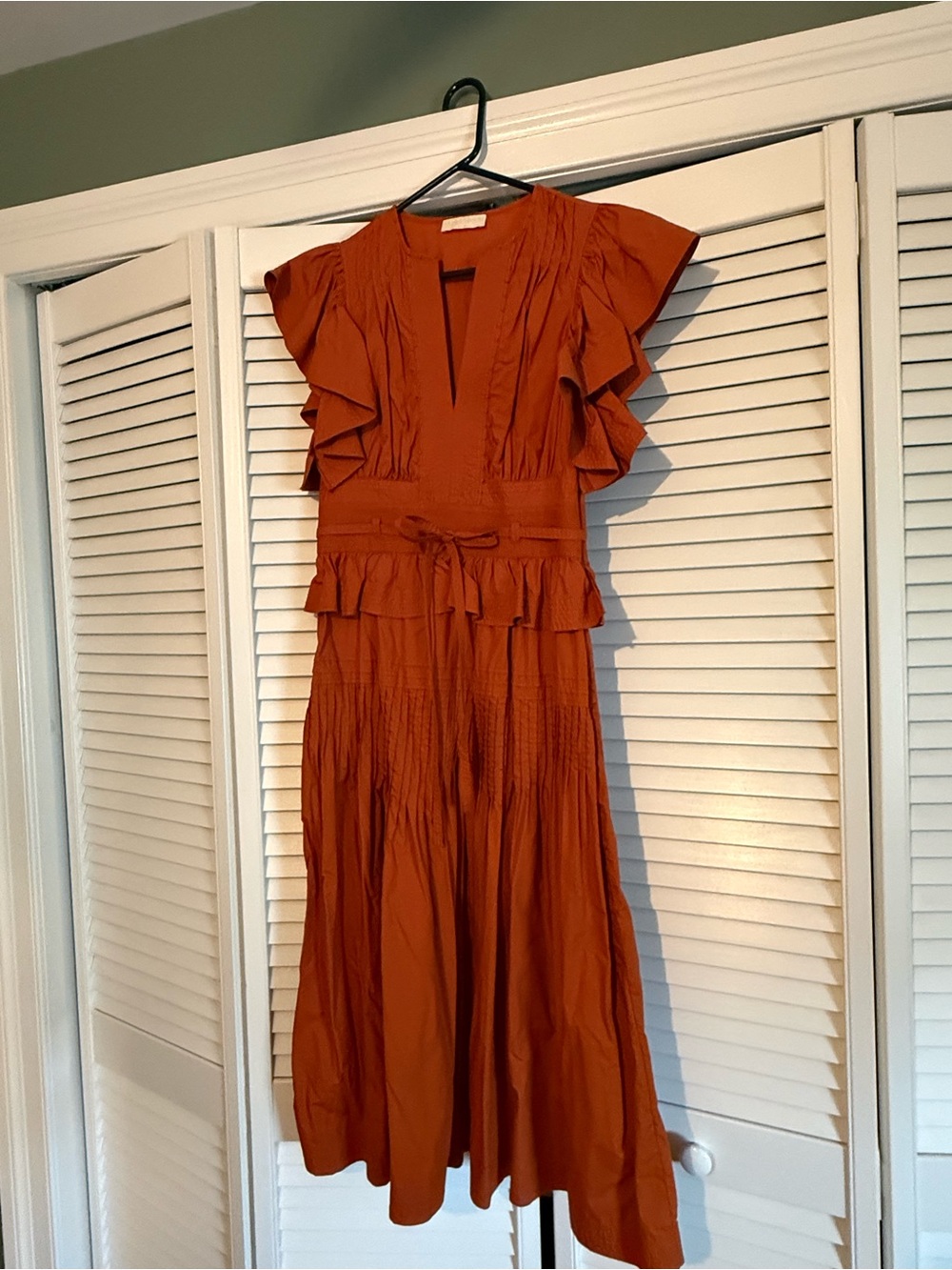 Ulla Johnson Rust Orange Ruffle-Trim Midi Dress - Picture 2 of 6